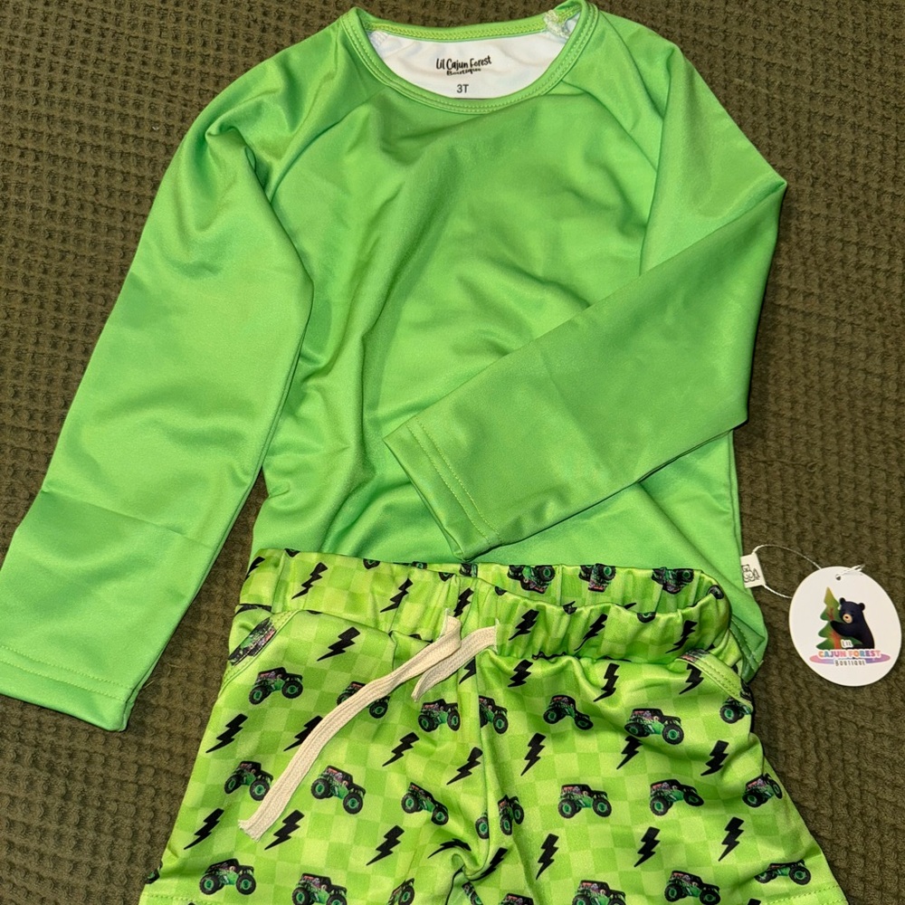 Green Long Sleeve Top & Lightning Monster Truck Shorts Set